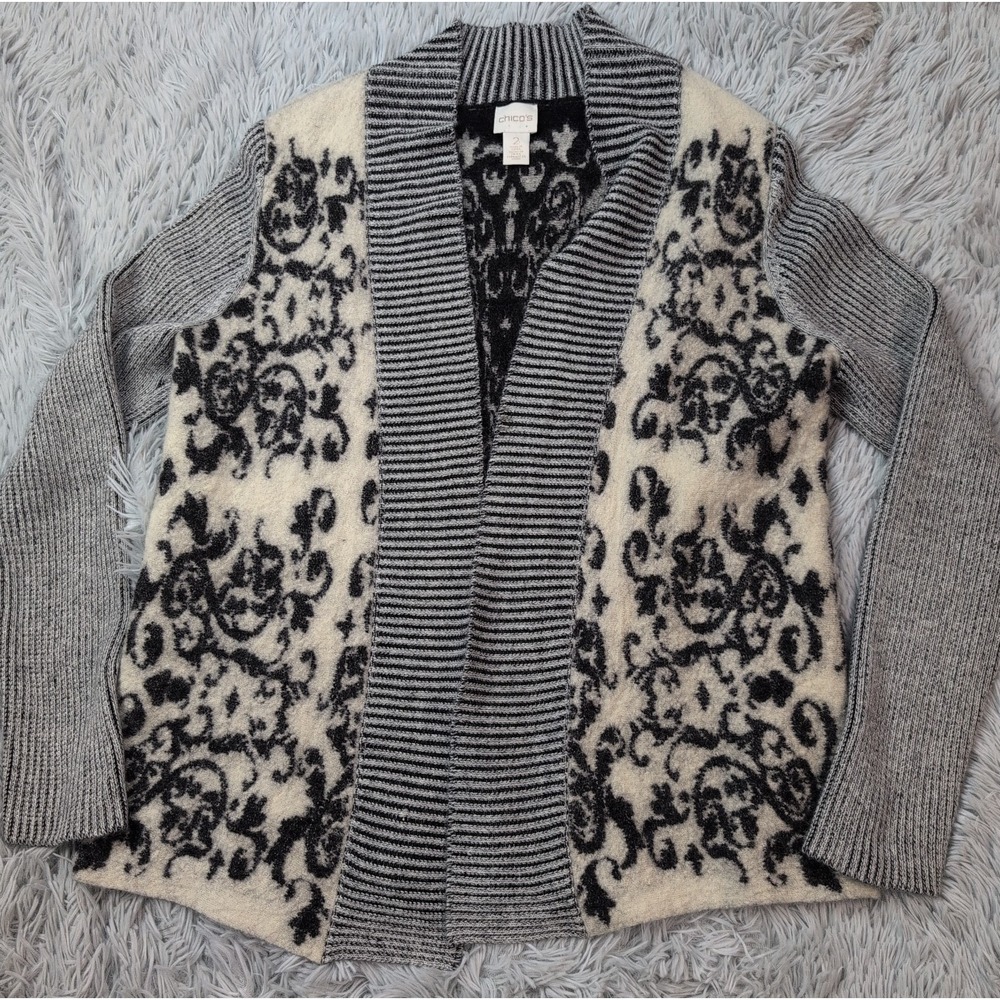 Chico's Sweater Womens 2 Cardigan Wool Blend Open Front Preppy Comfort L